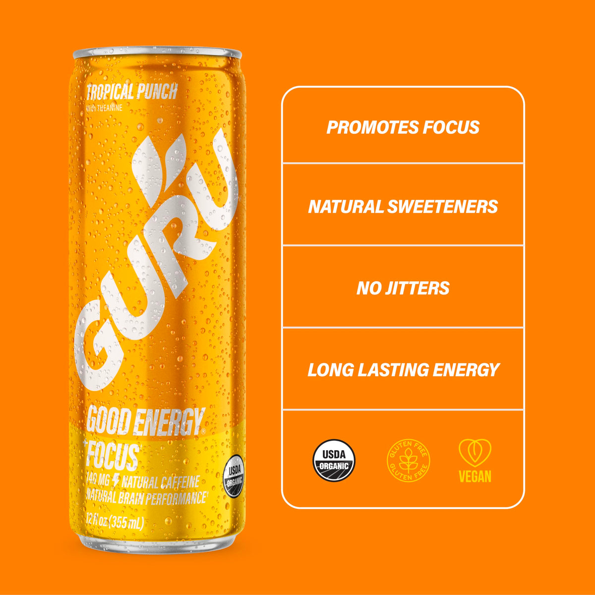 GURU Tropical Punch Organic Energy Drink – 140 mg Caffeine, Plant-Based, Gluten Free (12-Pack)