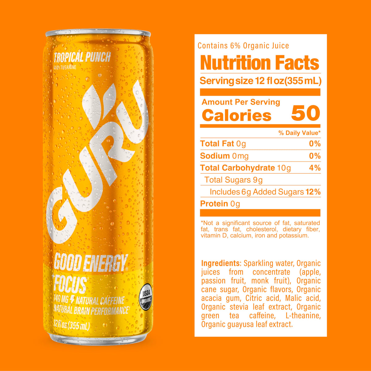 GURU Tropical Punch Organic Energy Drink – 140 mg Caffeine, Plant-Based, Gluten Free (12-Pack)