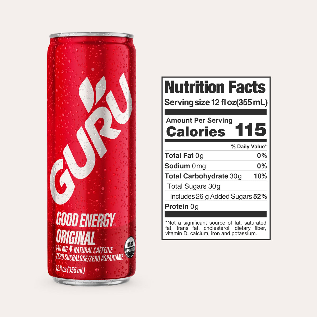 GURU Original Organic Energy Drinks | Plant-Based Caffeine from Green Tea, Vegan & Gluten Free, 140 mg Caffeine, 12 oz Pack of 12