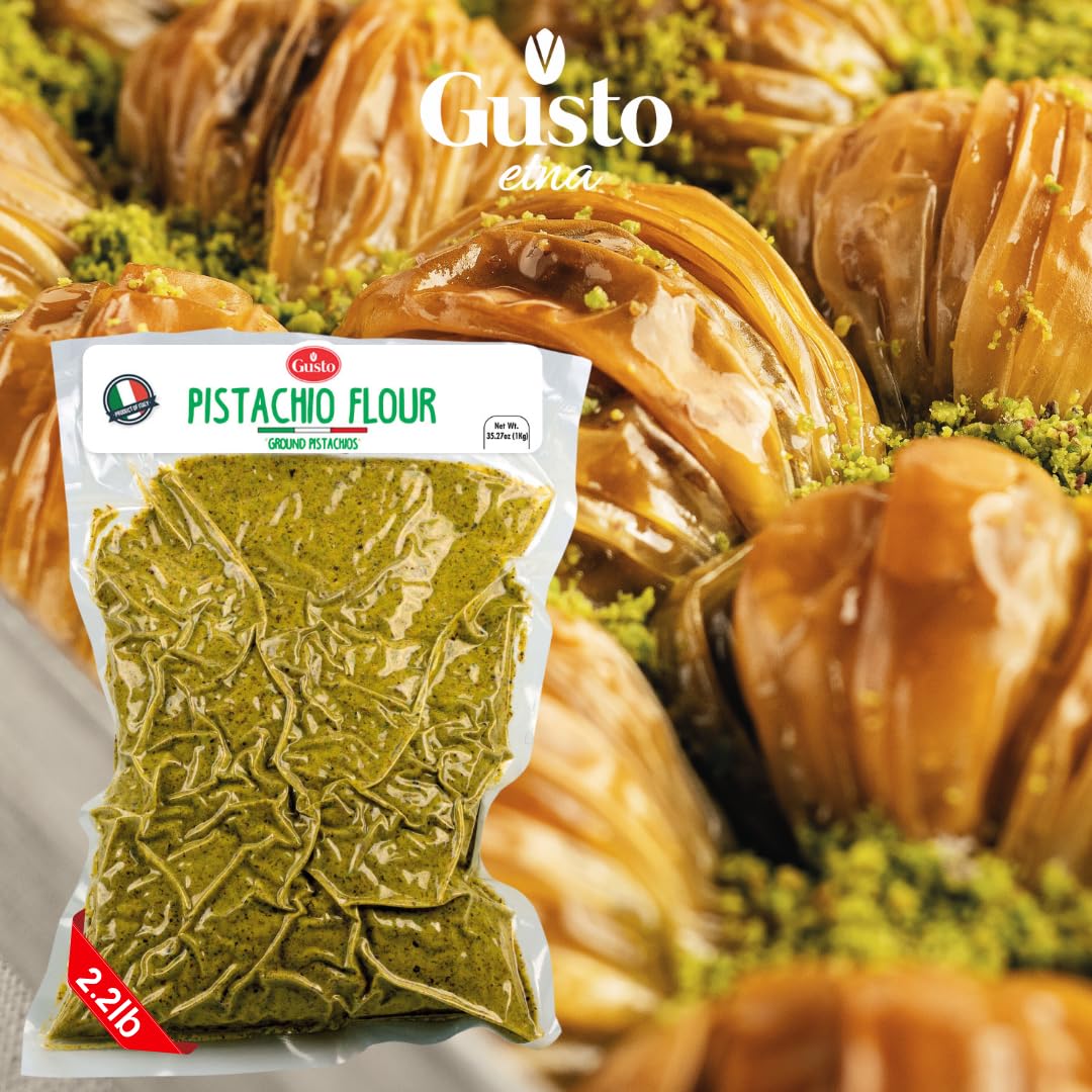 GUSTO ETNA Pistachio Flour – Sicilian Fine Ground Pistachio Flour, Gluten Free, Non-GMO, Vegan, 1 kg (2.2 lb), Product of Bronte, Sicily, Italy