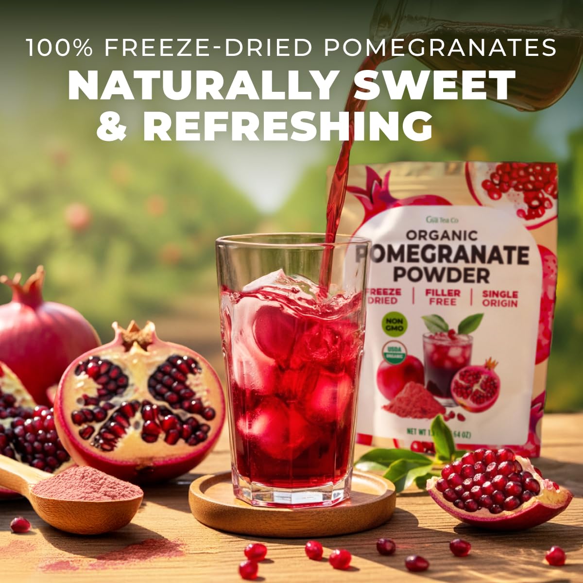 Gya Tea Co Organic Pomegranate Powder 1.1lb (17.64 Oz) - Antioxidant Rich Superfood for Drinks, Baking - Immunity & Energy Boost - Fresh Natural Whole Fruit - Non-GMO, Gluten-Free, Sugar-Free