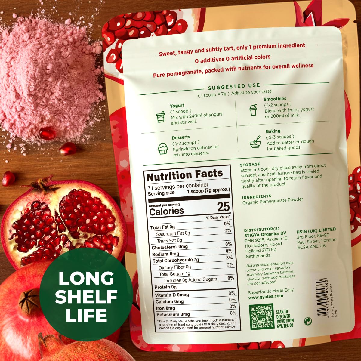 Gya Tea Co Organic Pomegranate Powder 1.1lb (17.64 Oz) - Antioxidant Rich Superfood for Drinks, Baking - Immunity & Energy Boost - Fresh Natural Whole Fruit - Non-GMO, Gluten-Free, Sugar-Free
