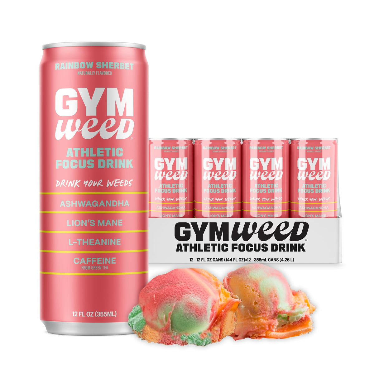 GYM WEED Athletic Focus Drink – KSM-66 Ashwagandha, Lion's Mane, L-Theanine, Green Tea Caffeine, Rainbow Sherbet, 12 Pack