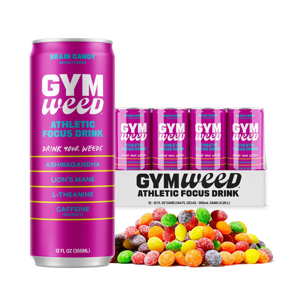 GYM WEED Athletic Focus Drink – KSM-66 Ashwagandha, Lions Mane, L-Theanine, Green Tea Caffeine (Brain Candy, 12 Pack)