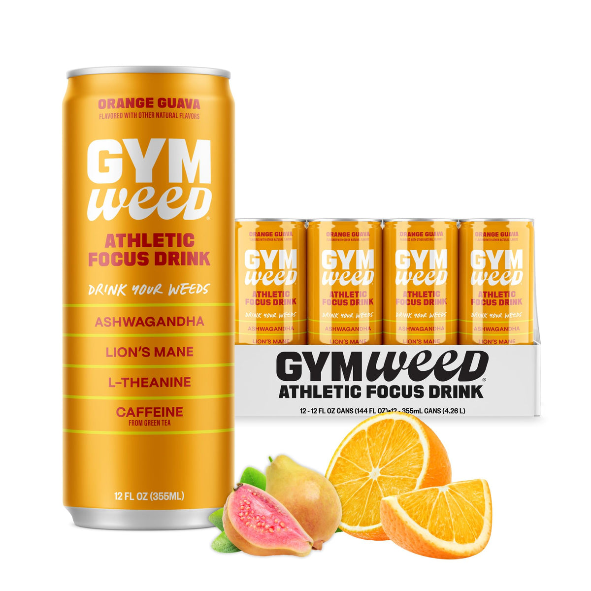 GYM WEED Athletic Focus Drink | KSM-66 Ashwagandha, Lion's Mane, L-Theanine, Green Tea Caffeine – Orange Guava (12 Pack)