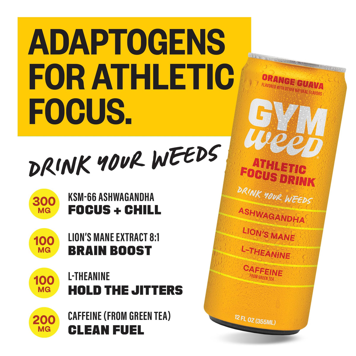 GYM WEED Athletic Focus Drink | KSM-66 Ashwagandha, Lion's Mane, L-Theanine, Green Tea Caffeine – Orange Guava (12 Pack)
