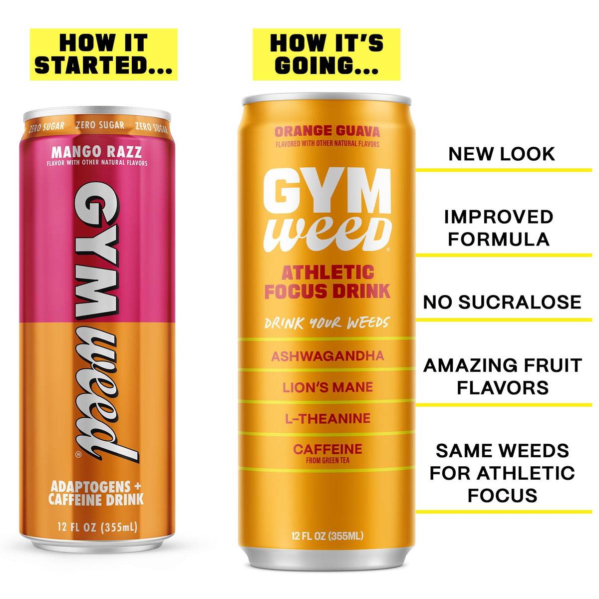 GYM WEED Athletic Focus Drink | KSM-66 Ashwagandha, Lion's Mane, L-Theanine, Green Tea Caffeine – Orange Guava (12 Pack)