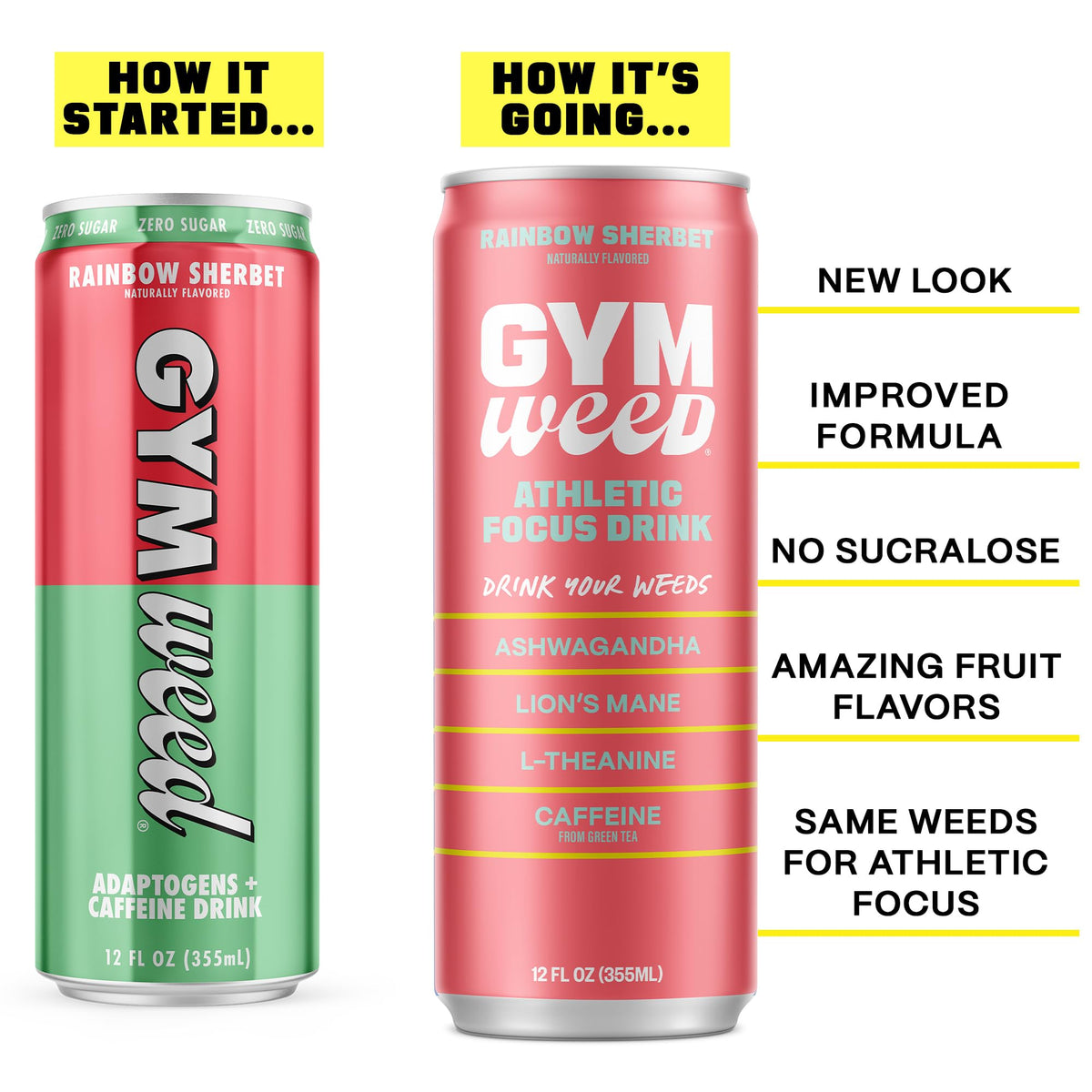 GYM WEED Athletic Focus Drink – KSM-66 Ashwagandha, Lion's Mane, L-Theanine, Green Tea Caffeine, Rainbow Sherbet, 12 Pack