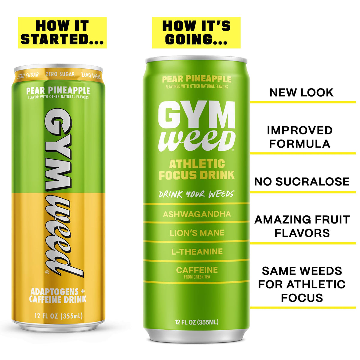 GYM WEED Athletic Focus Drink – KSM-66 Ashwagandha, Lion's Mane, L-Theanine, Green Tea Caffeine, Pear Pineapple (12 Pack)
