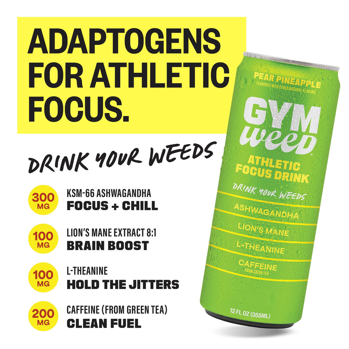 GYM WEED Athletic Focus Drink – KSM-66 Ashwagandha, Lion's Mane, L-Theanine, Green Tea Caffeine, Pear Pineapple (12 Pack)