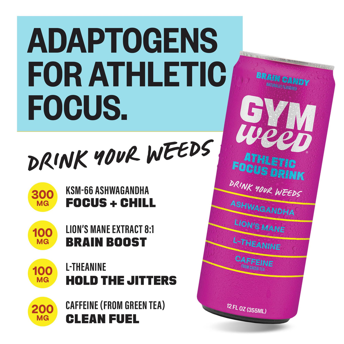 GYM WEED Athletic Focus Drink – KSM-66 Ashwagandha, Lions Mane, L-Theanine, Green Tea Caffeine (Brain Candy, 12 Pack)