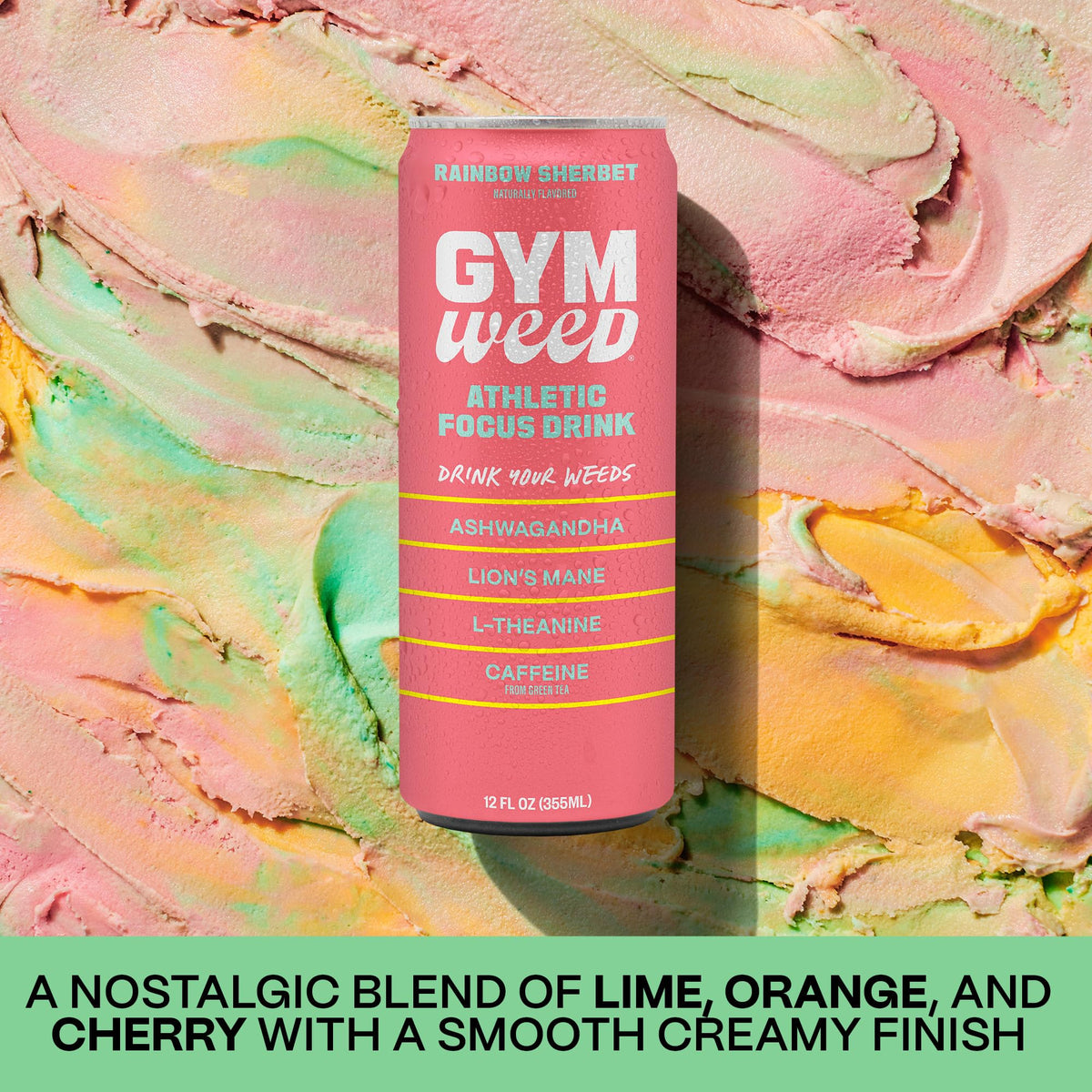 GYM WEED Athletic Focus Drink – KSM-66 Ashwagandha, Lion's Mane, L-Theanine, Green Tea Caffeine, Rainbow Sherbet, 12 Pack