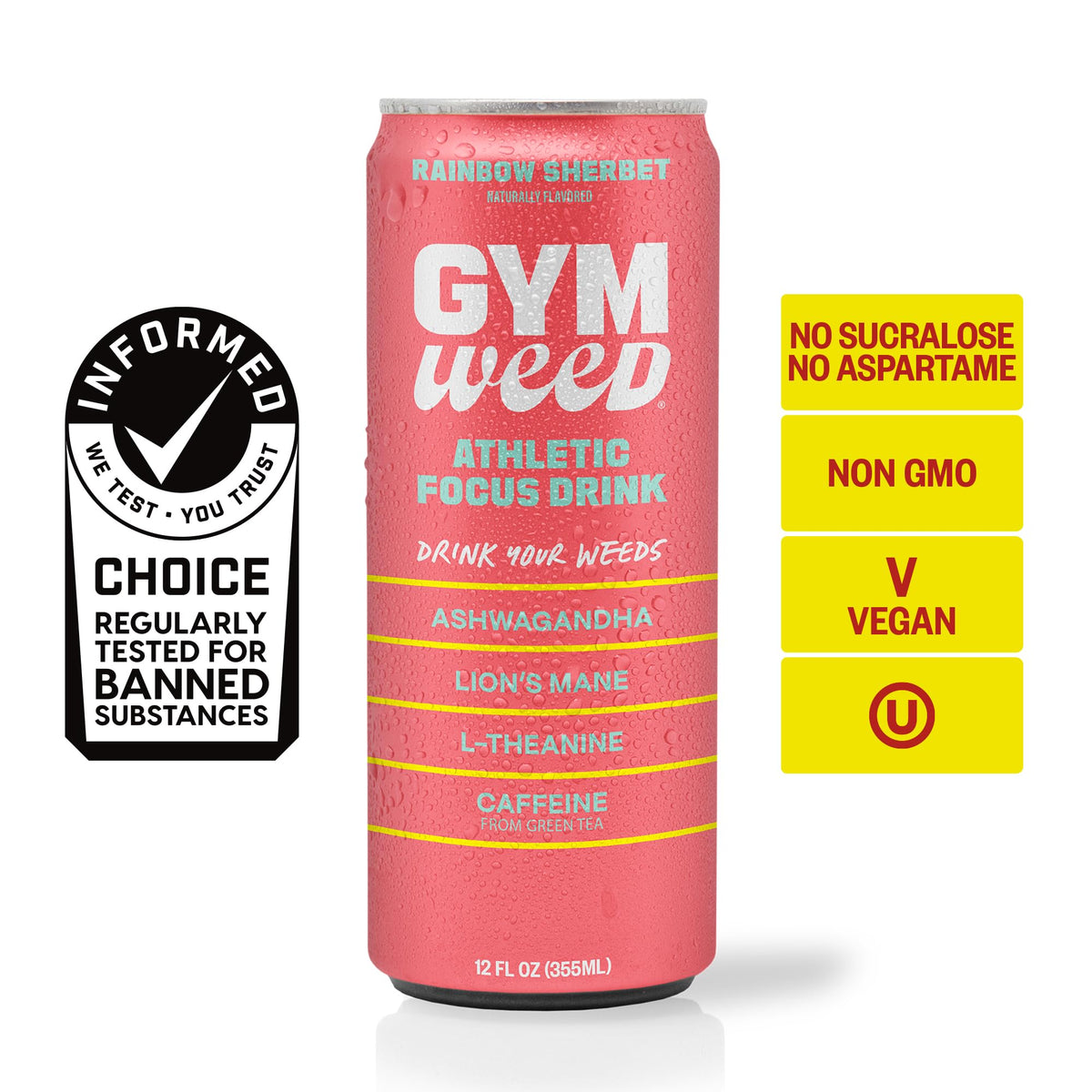 GYM WEED Athletic Focus Drink – KSM-66 Ashwagandha, Lion's Mane, L-Theanine, Green Tea Caffeine, Rainbow Sherbet, 12 Pack