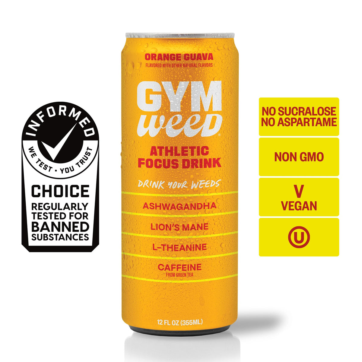 GYM WEED Athletic Focus Drink | KSM-66 Ashwagandha, Lion's Mane, L-Theanine, Green Tea Caffeine – Orange Guava (12 Pack)