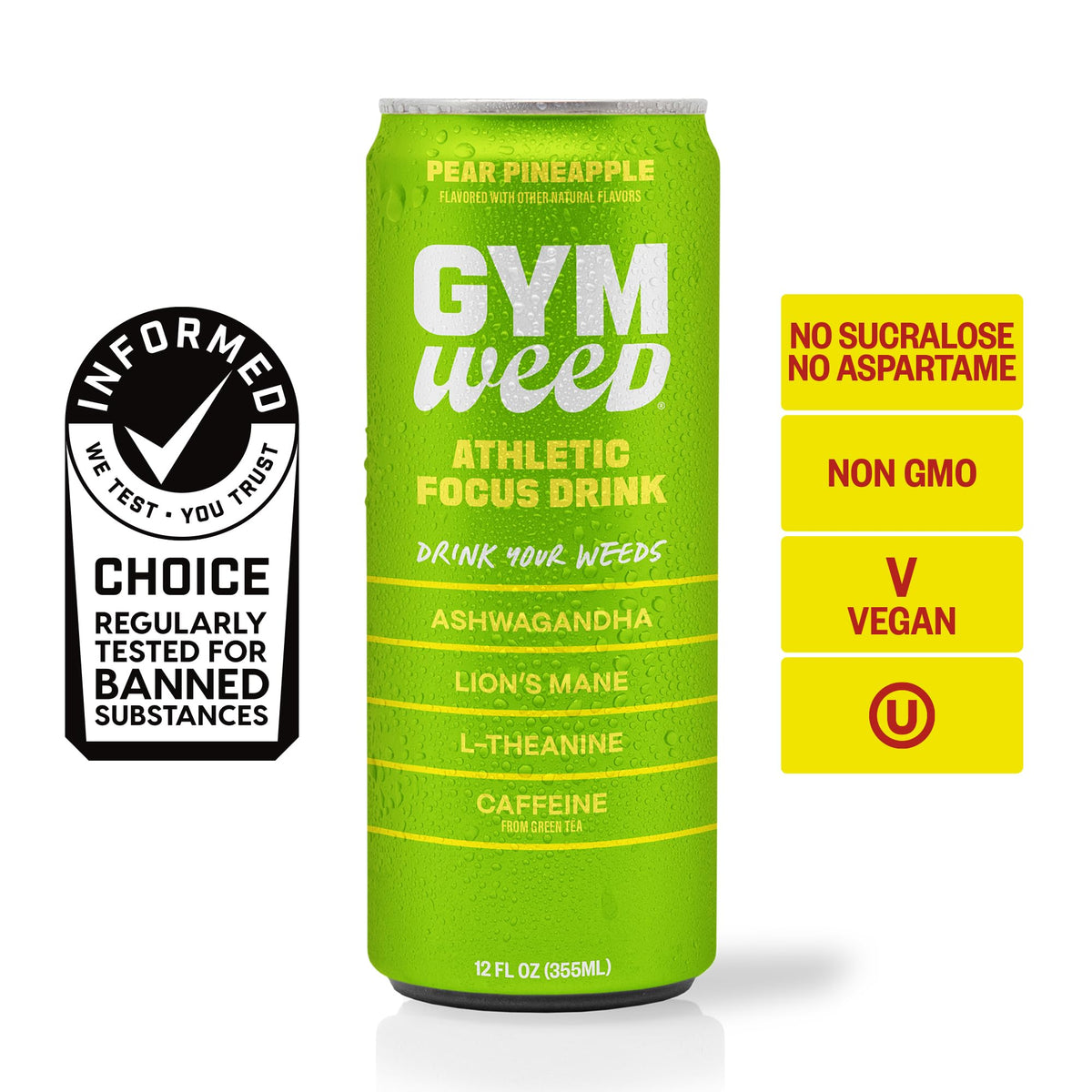 GYM WEED Athletic Focus Drink – KSM-66 Ashwagandha, Lion's Mane, L-Theanine, Green Tea Caffeine, Pear Pineapple (12 Pack)
