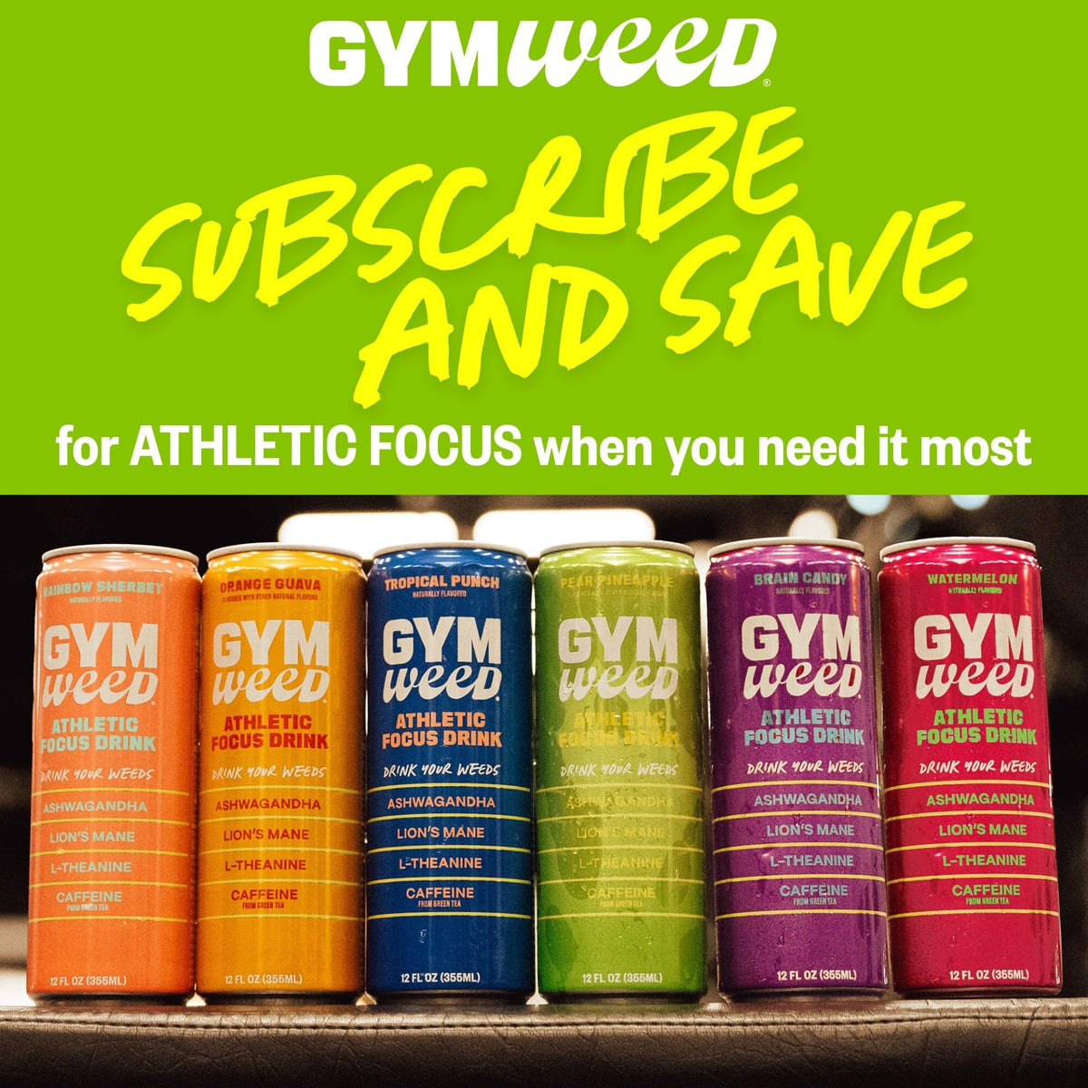 GYM WEED Athletic Focus Drink (12-pack) – KSM-66 Ashwagandha, Lion’s Mane, L-Theanine, Green Tea Caffeine