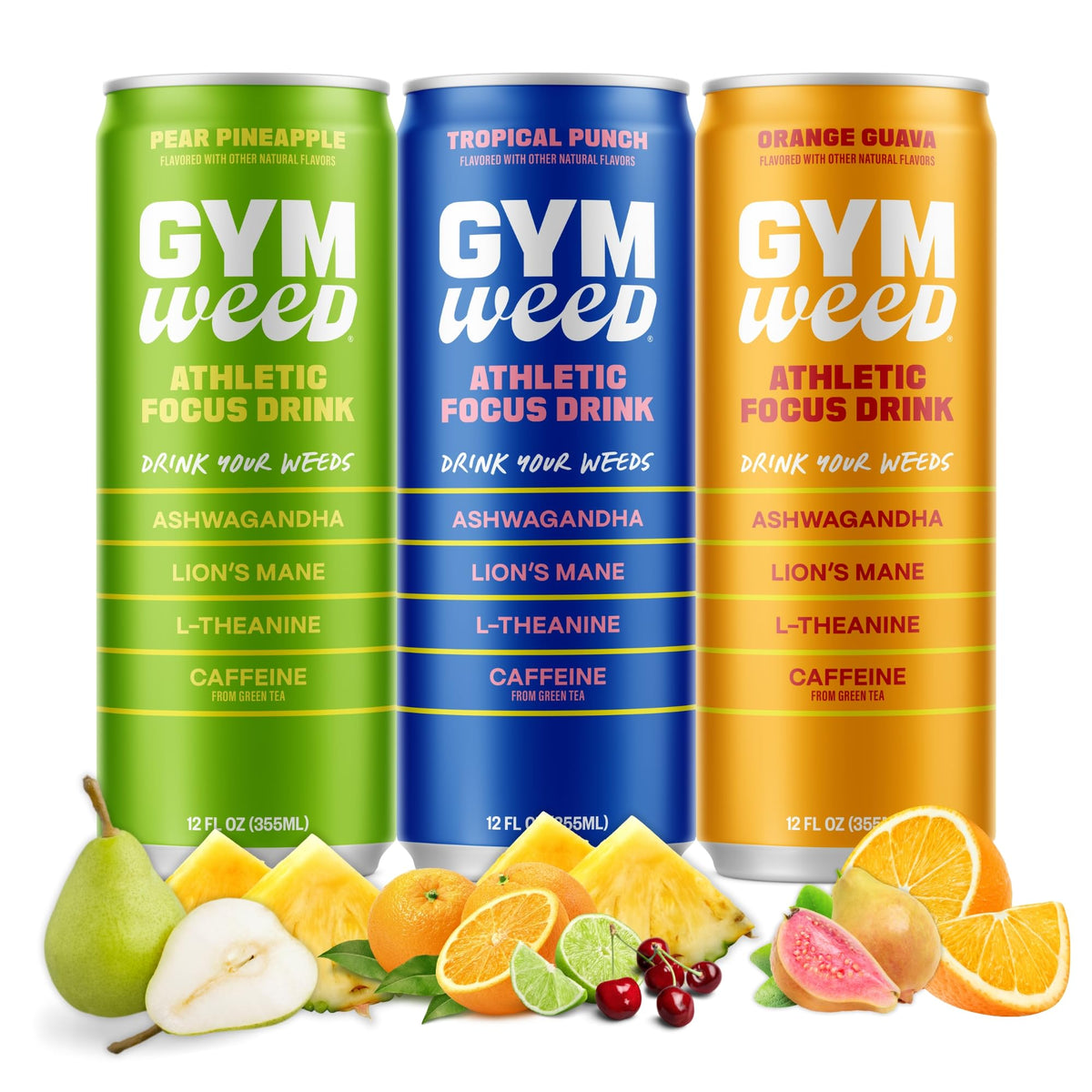 Gym Weed Athletic Focus Drink 12-Pack Variety – KSM-66 Ashwagandha, Lion’s Mane, L-Theanine, Green Tea Caffeine