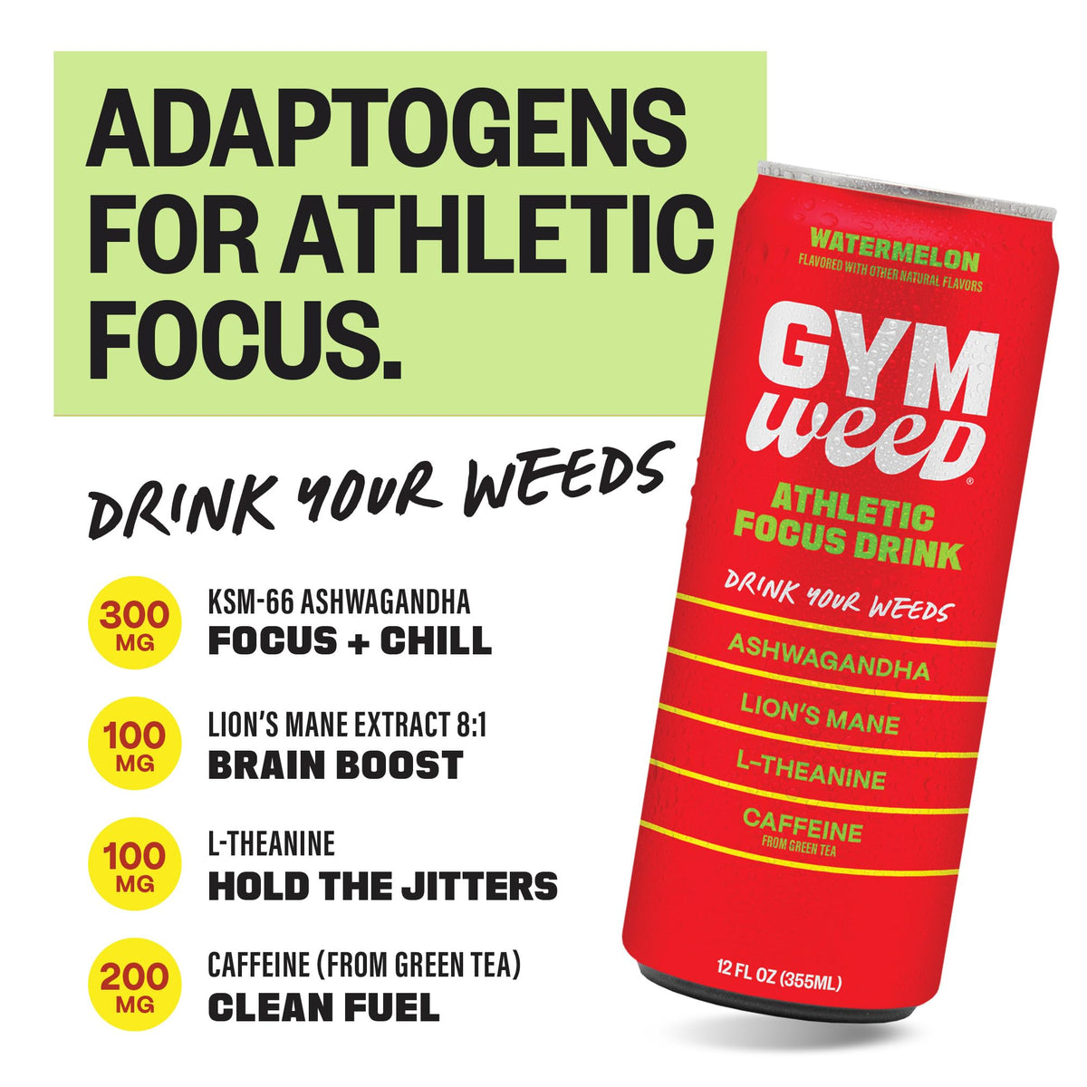 GYM WEED Athletic Focus Drink (12-pack) – KSM-66 Ashwagandha, Lion’s Mane, L-Theanine, Green Tea Caffeine