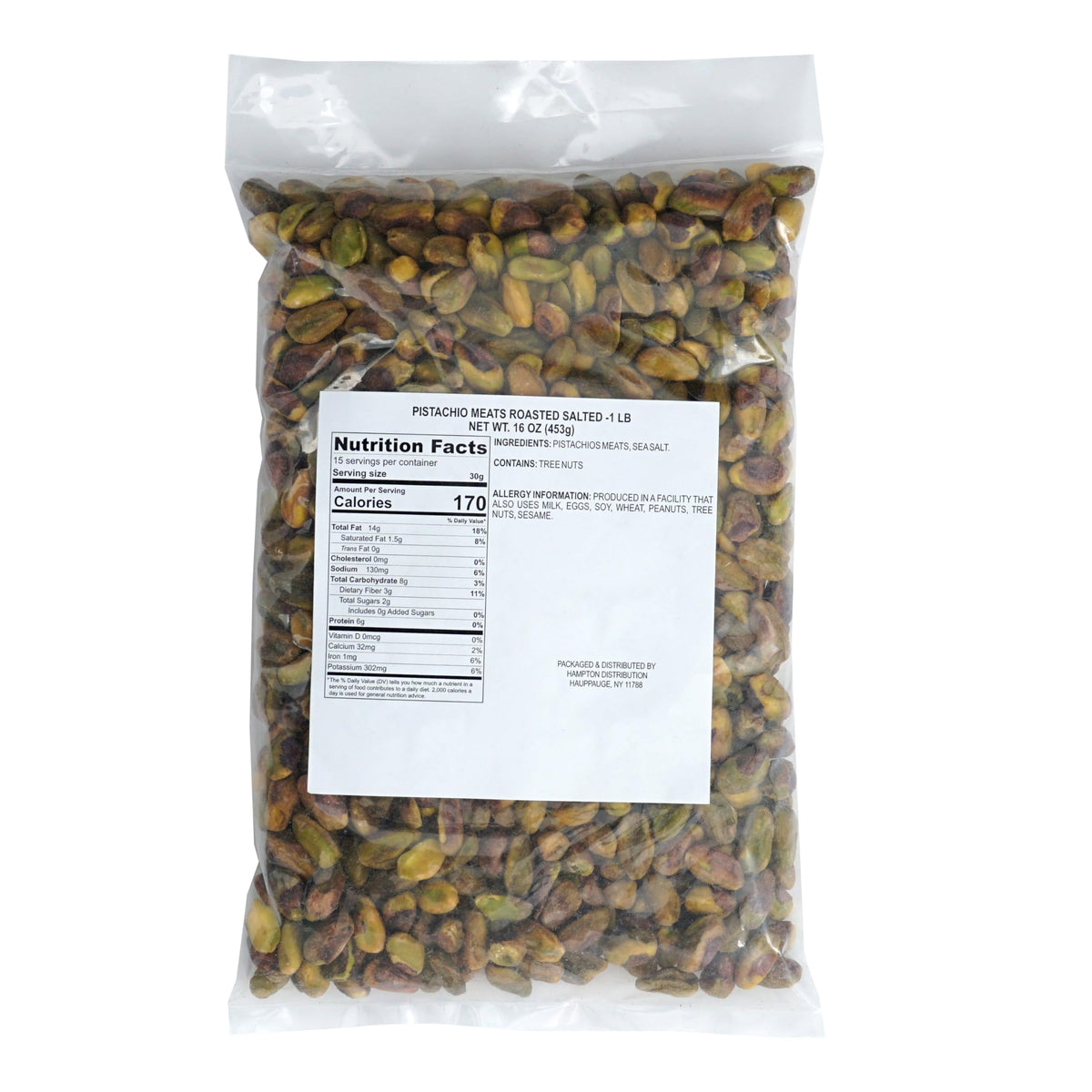 Hampton Distribution Pistachio Meats Roasted with Sea Salt – 1 lb Bulk No-Shell Pistachios