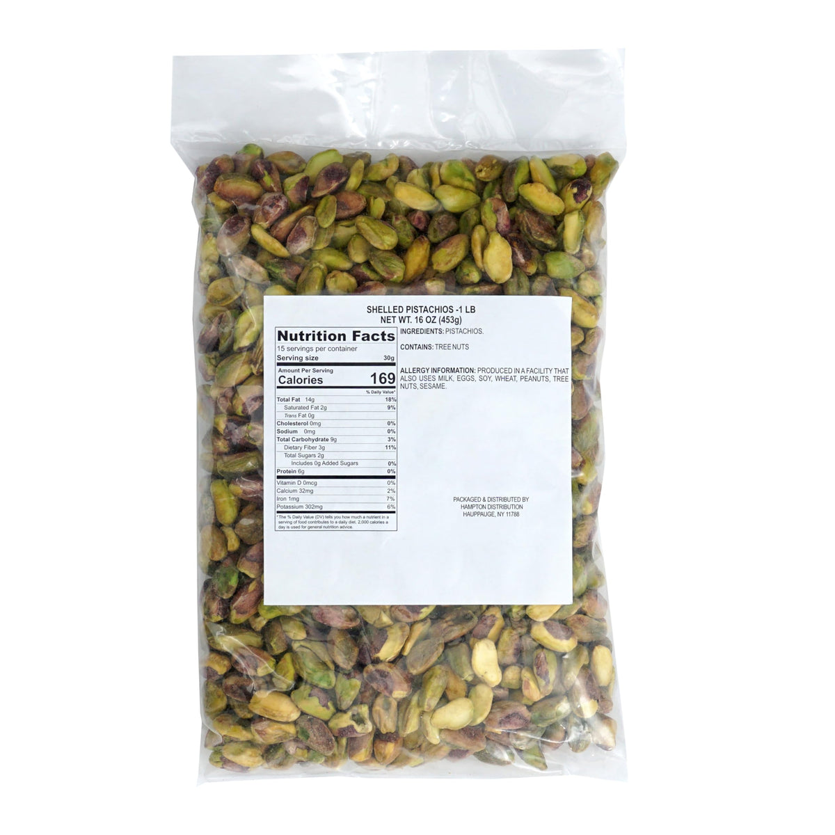 Hampton Distribution Pistachios Shelled Raw Unsalted – 1 Pound Bulk Bag