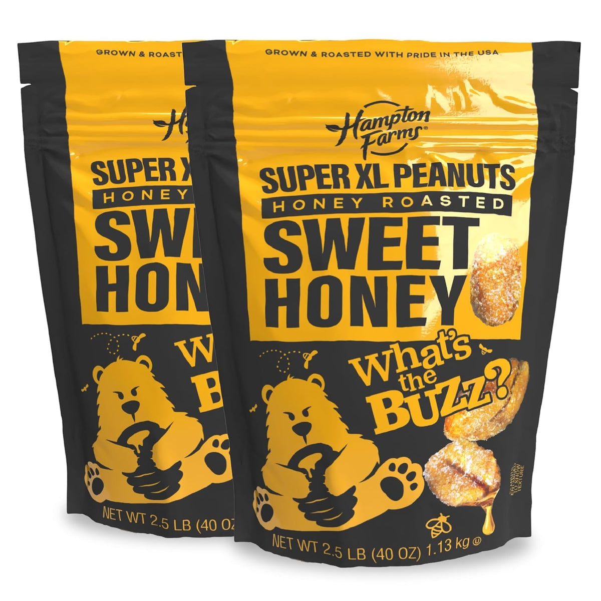 Hampton Farms Super Extra-Large Sweet Honey Roasted Peanuts – 40 oz Resealable Bag, 2-Pack