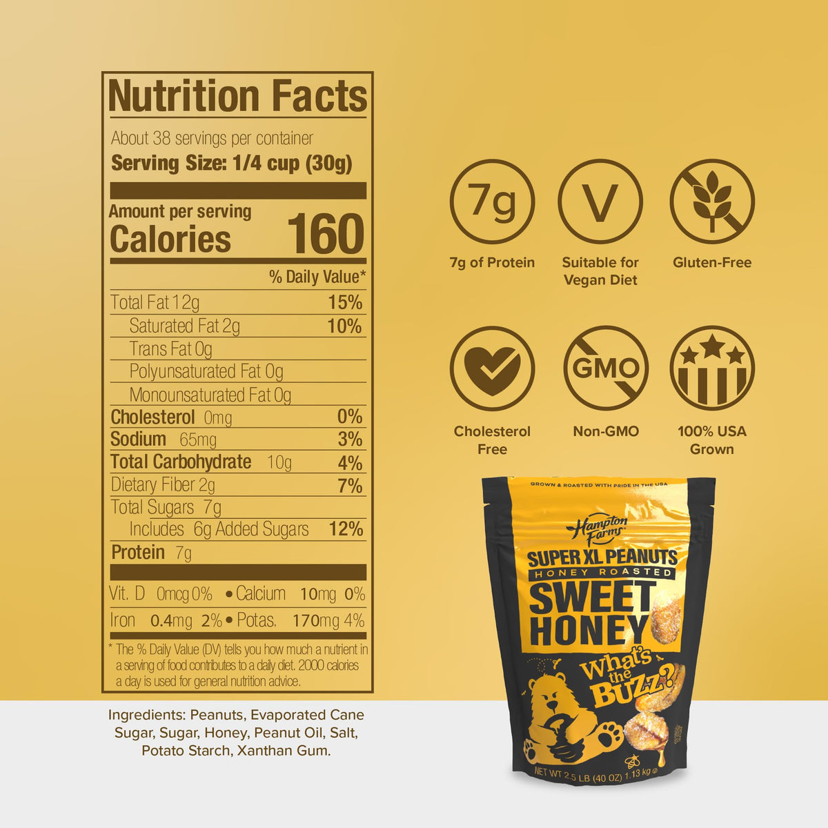 Hampton Farms Super Extra-Large Sweet Honey Roasted Peanuts – 40 oz Resealable Bag, 2-Pack
