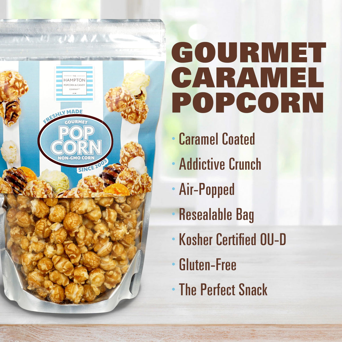 The Hampton Popcorn Company Caramel Popcorn – 9.5 oz Bags (6-Pack), Fresh Gourmet Snack