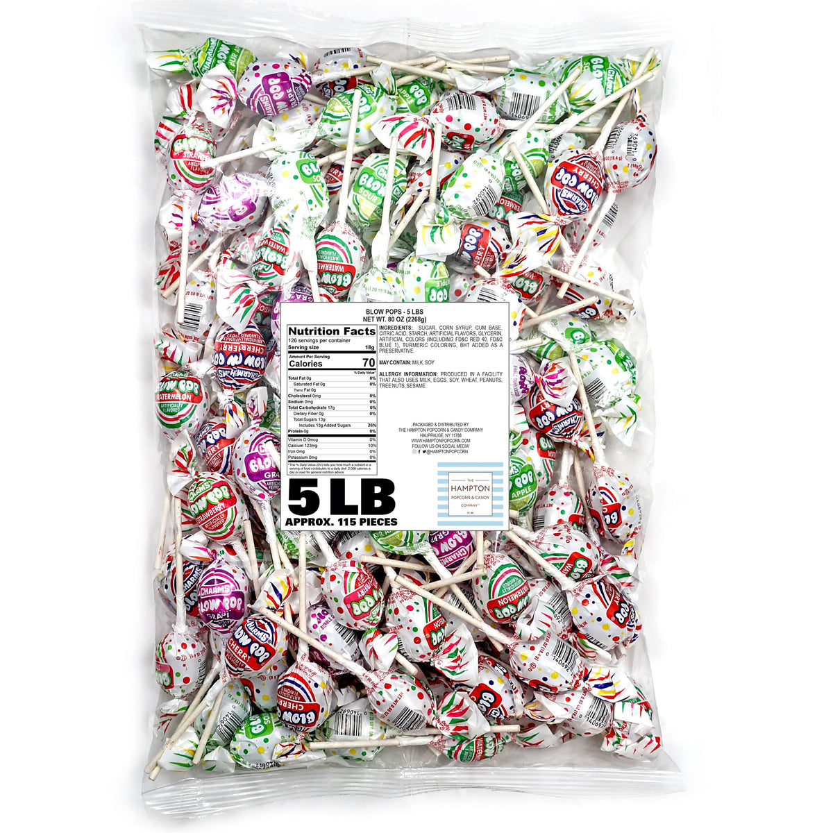 Charms Blow Pops 5lb Bulk Bag – Assorted Fruit Flavored Bubble Gum Lollipops | The Hampton Popcorn Company