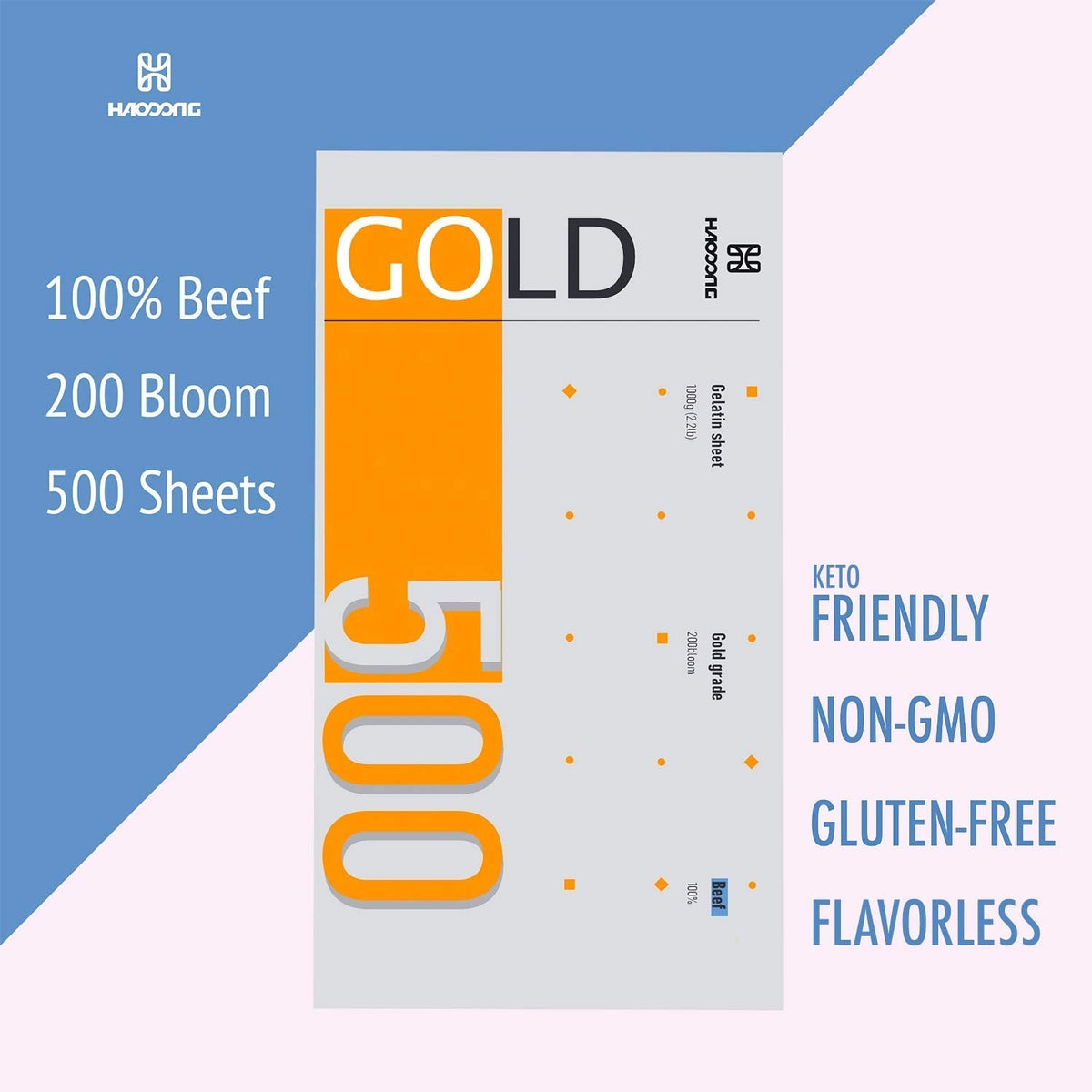 HAODONG Beef Gold Leaf Gelatin Sheets – 1kg, 200 Bloom, Clear & Tasteless for Desserts
