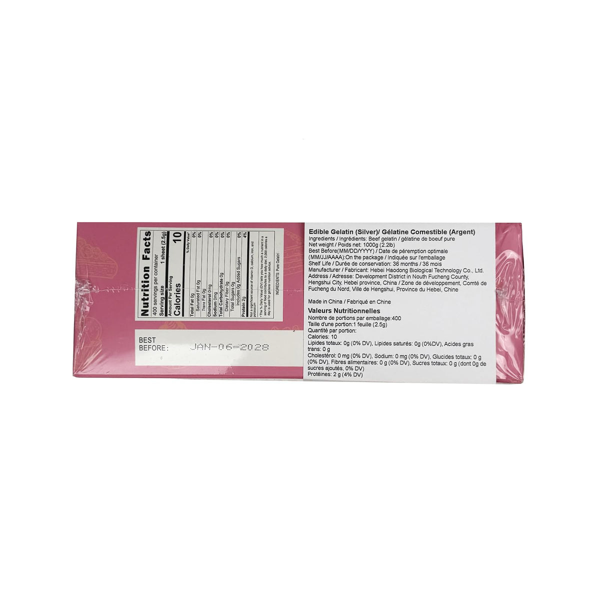 HAODONG Beef Silver Gelatin Sheets – 180 Bloom, 1kg Box (380–400 Sheets) for Desserts
