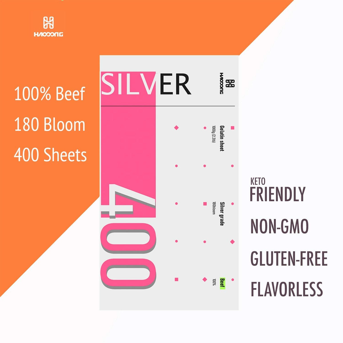 HAODONG Beef Silver Gelatin Sheets – 180 Bloom, 1kg Box (380–400 Sheets) for Desserts