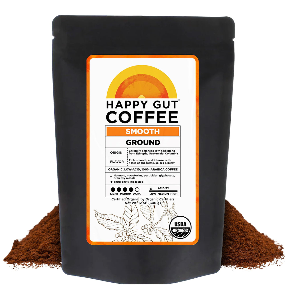 Happy Gut Coffee – Doctor-Formulated Organic Medium-Dark Roast, Gentle on Stomach, Gluten-Free, 12oz Ground
