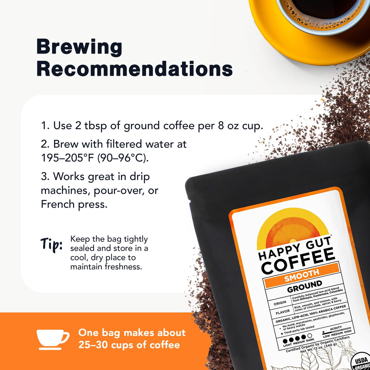 Happy Gut Coffee – Doctor-Formulated Organic Medium-Dark Roast, Gentle on Stomach, Gluten-Free, 12oz Ground