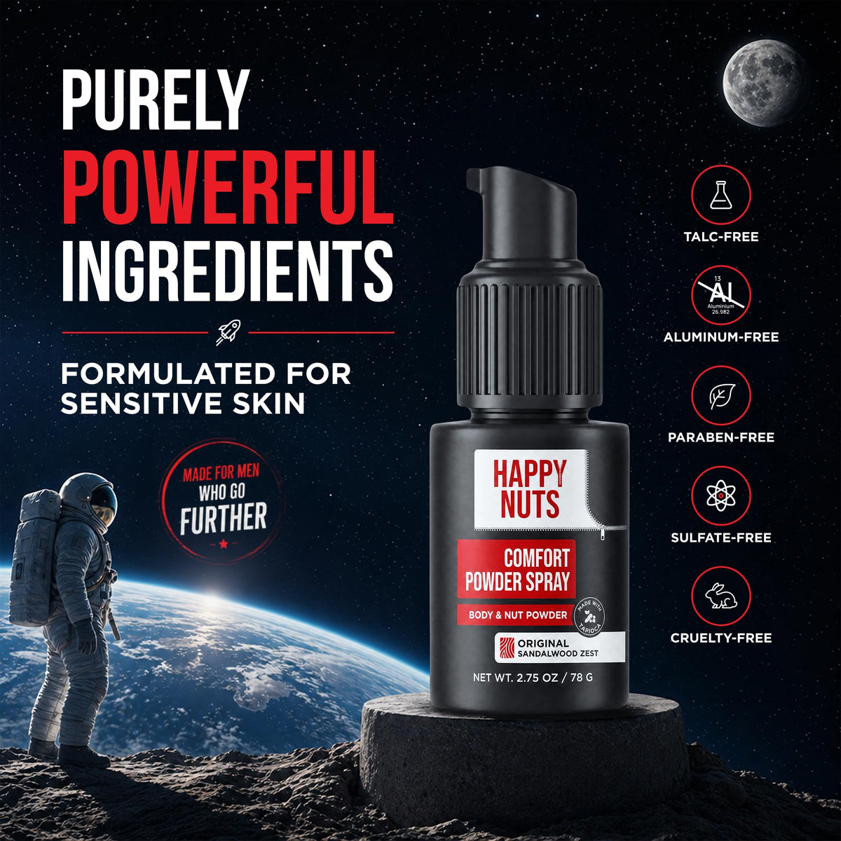 HAPPY NUTS Comfort Powder Spray: Anti Chafing & Mens Deodorant, Aluminum-Free, Sweat and Odor Control for Jock Itch, Groin and Men's Private Parts