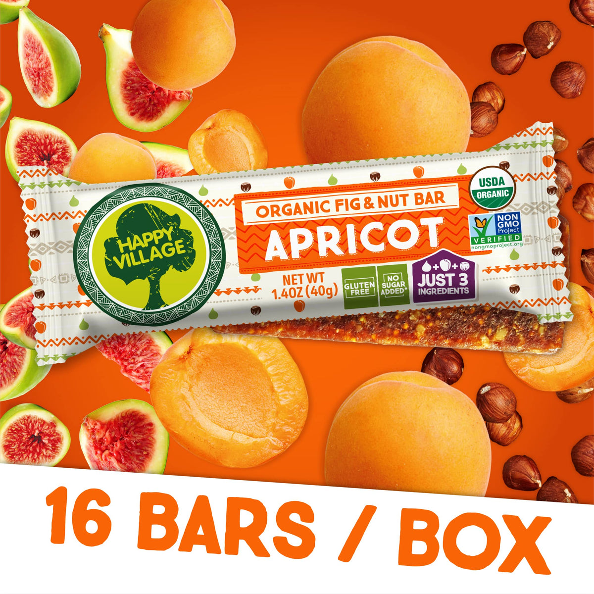 Happy Village Organic Fig & Apricot Nut Bar | 3-Ingredient, Gluten Free, Vegan