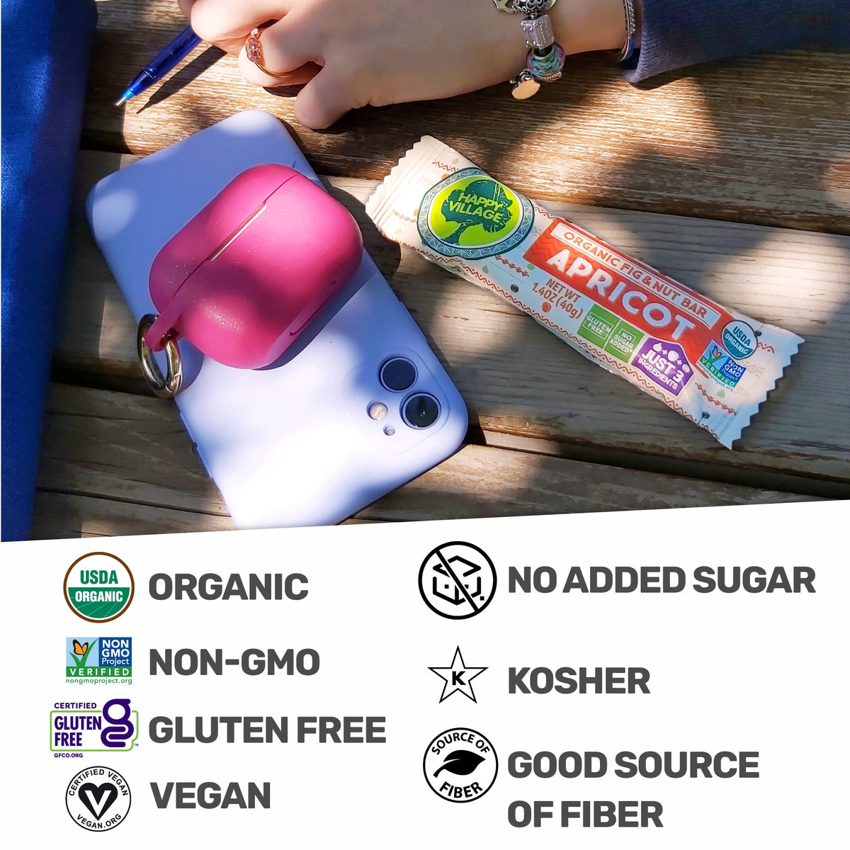 Happy Village Organic Fig & Apricot Nut Bar | 3-Ingredient, Gluten Free, Vegan