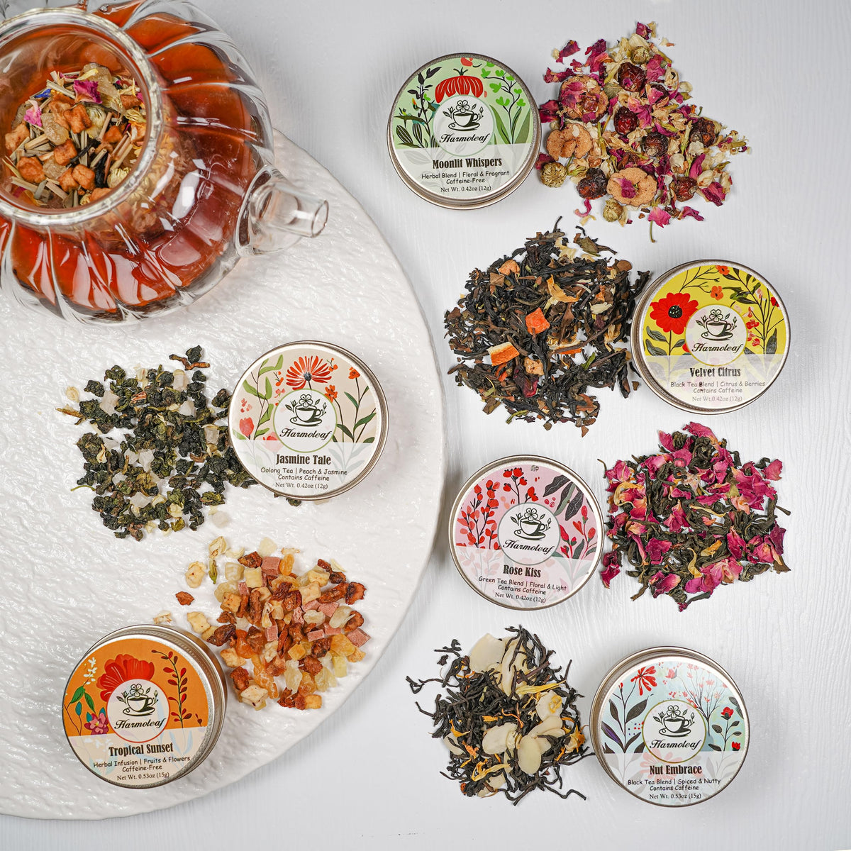 Harmoleaf Tea Gift Set for Women — 6 Herbal Blends, Insulated Ceramic Cup & Infuser