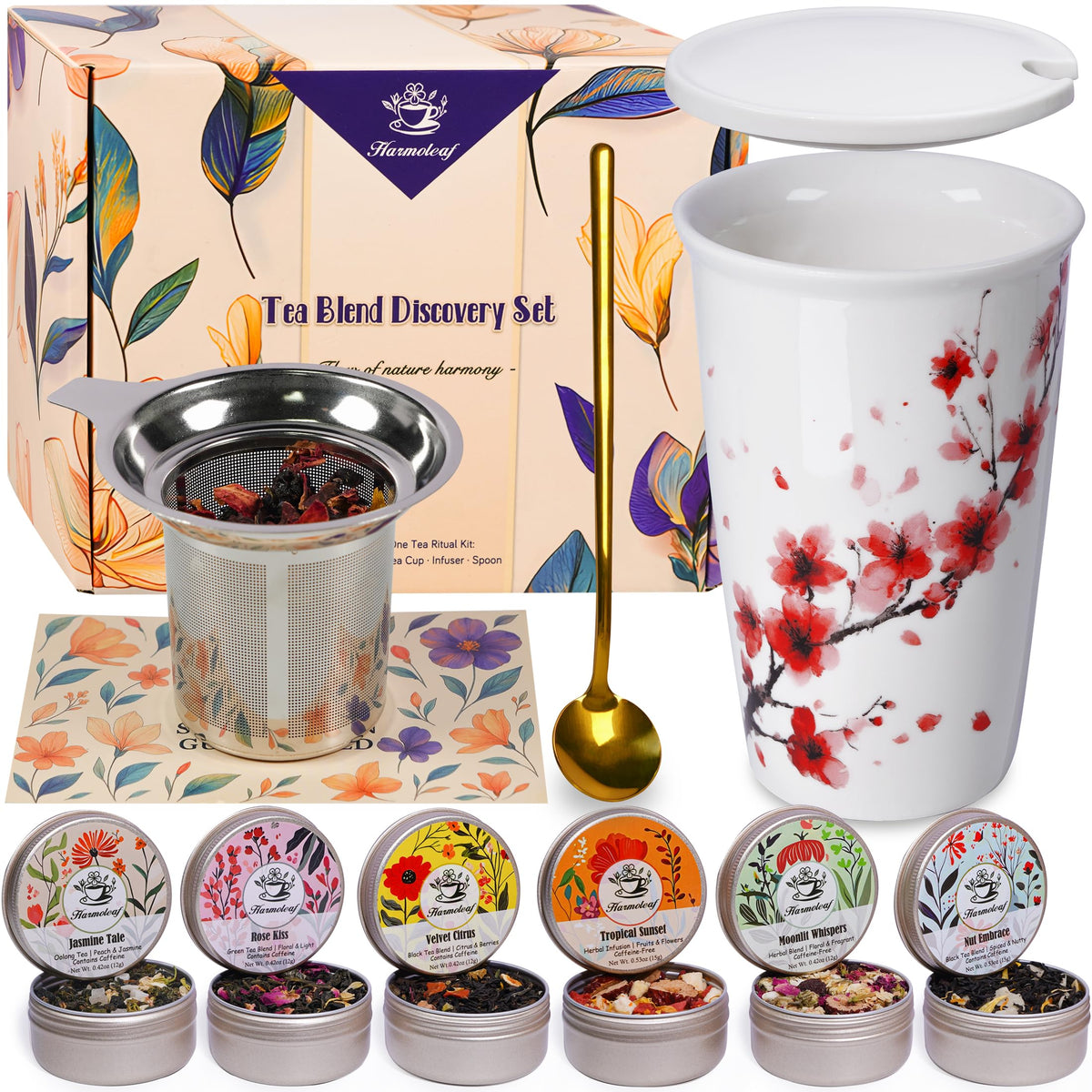 Harmoleaf Tea Gift Set for Women — 6 Herbal Blends, Insulated Ceramic Cup & Infuser