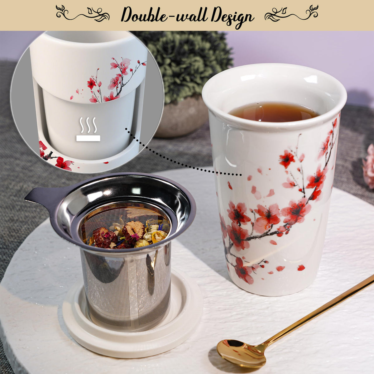 Harmoleaf Tea Gift Set for Women — 6 Herbal Blends, Insulated Ceramic Cup & Infuser