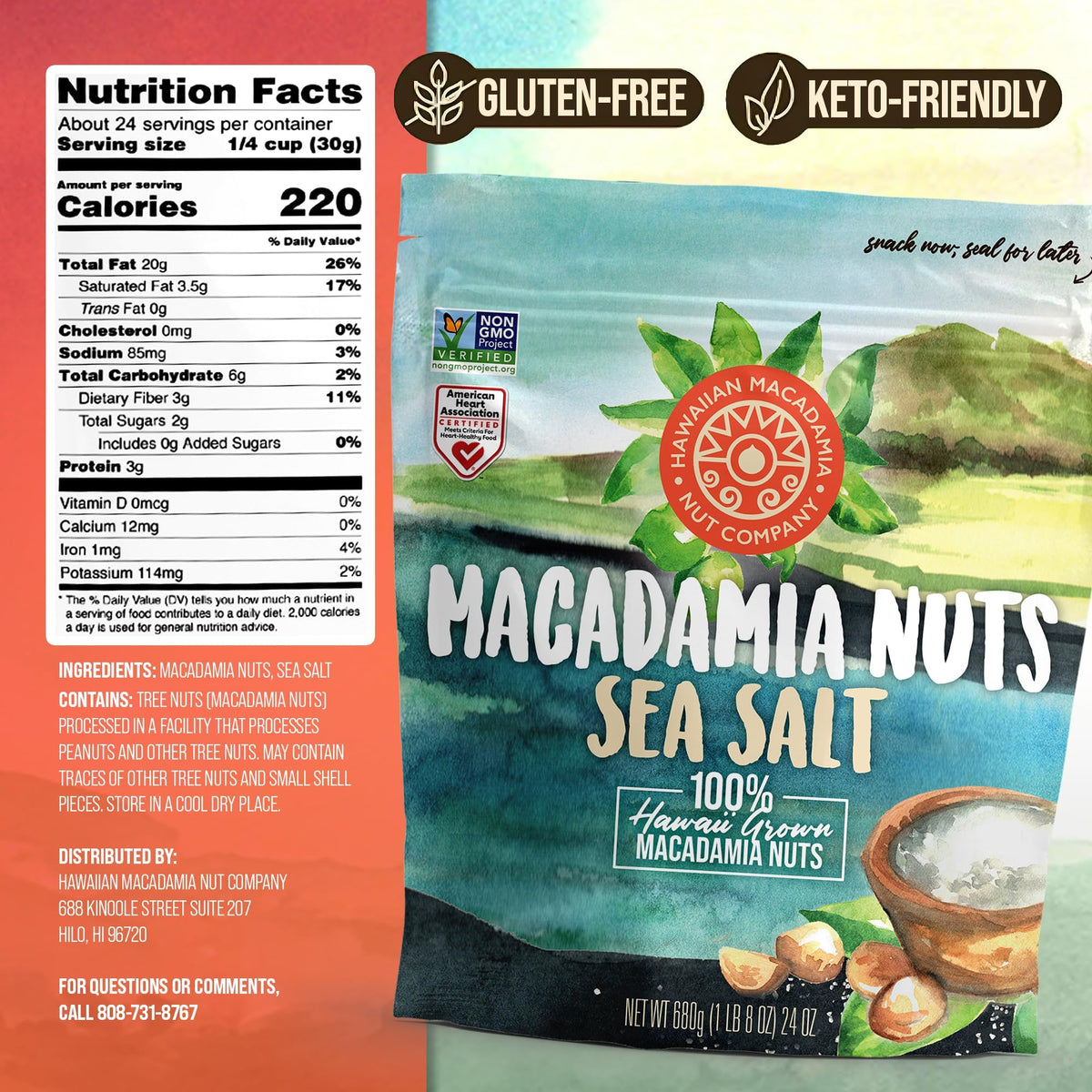 Hawaiian Macadamia Nut Company Dry Roasted Macadamias with Sea Salt – 24 oz, Gluten-Free & Non-GMO