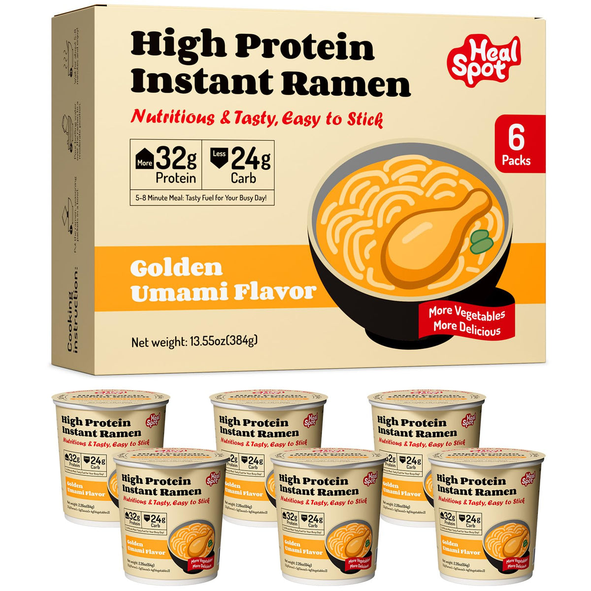HealSpot High Protein Instant Ramen (Golden-Chicken) — 32g Plant-Based Protein, Non-Fried, Low Carb, Keto & Vegan Friendly
