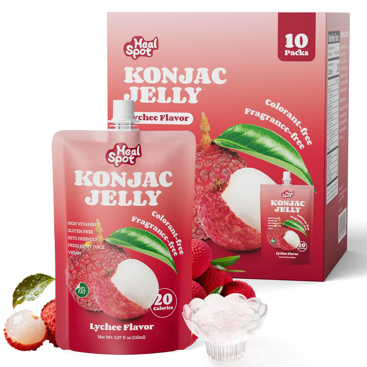 Healspot Lychee Real Fruit Juice Snacks – Konjac Jelly with Collagen Peptides & Vitamin C (10 Pouches) | Gluten Free, Keto