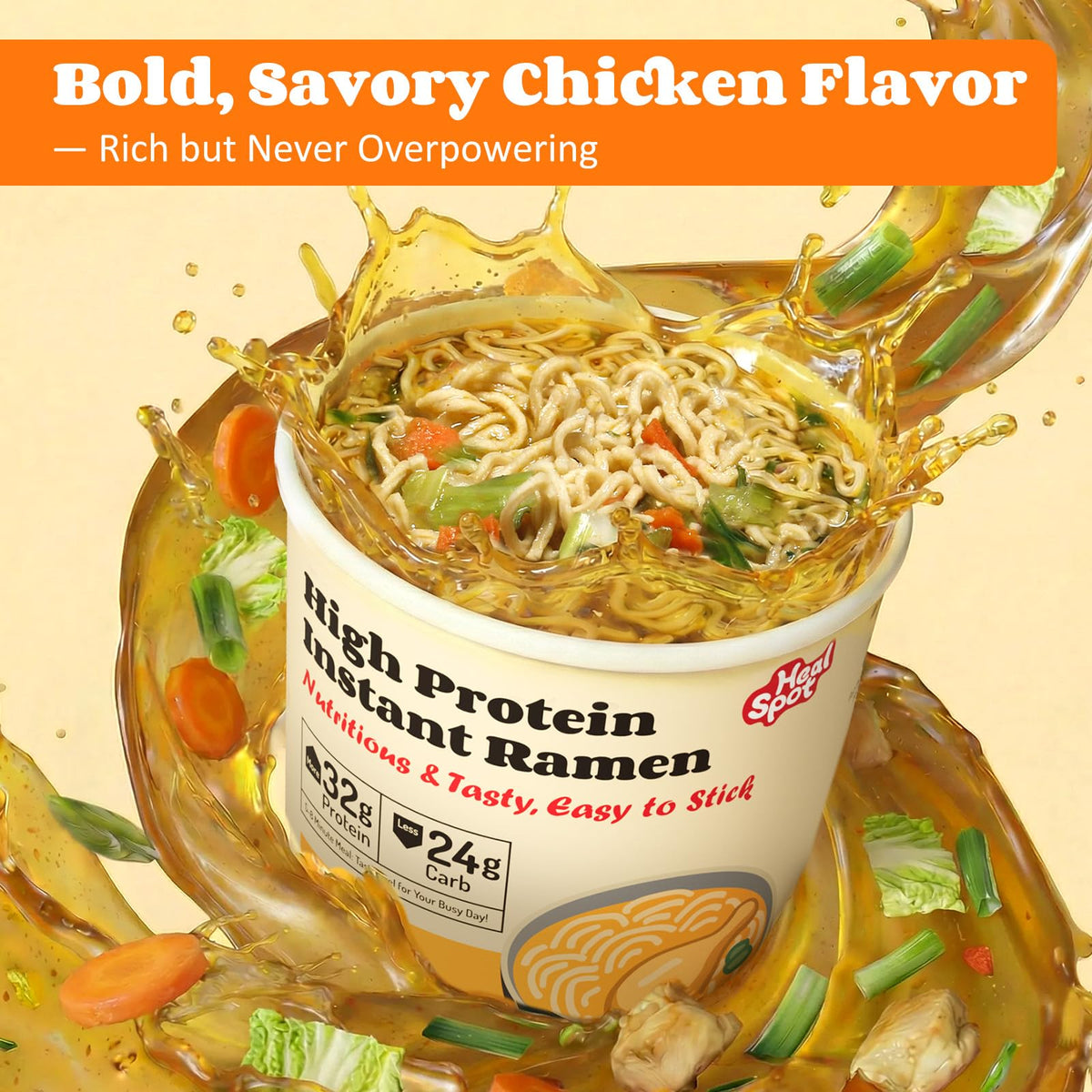 HealSpot High Protein Instant Ramen (Golden-Chicken) — 32g Plant-Based Protein, Non-Fried, Low Carb, Keto & Vegan Friendly