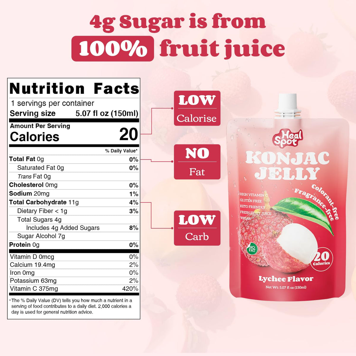 Healspot Lychee Real Fruit Juice Snacks – Konjac Jelly with Collagen Peptides & Vitamin C (10 Pouches) | Gluten Free, Keto