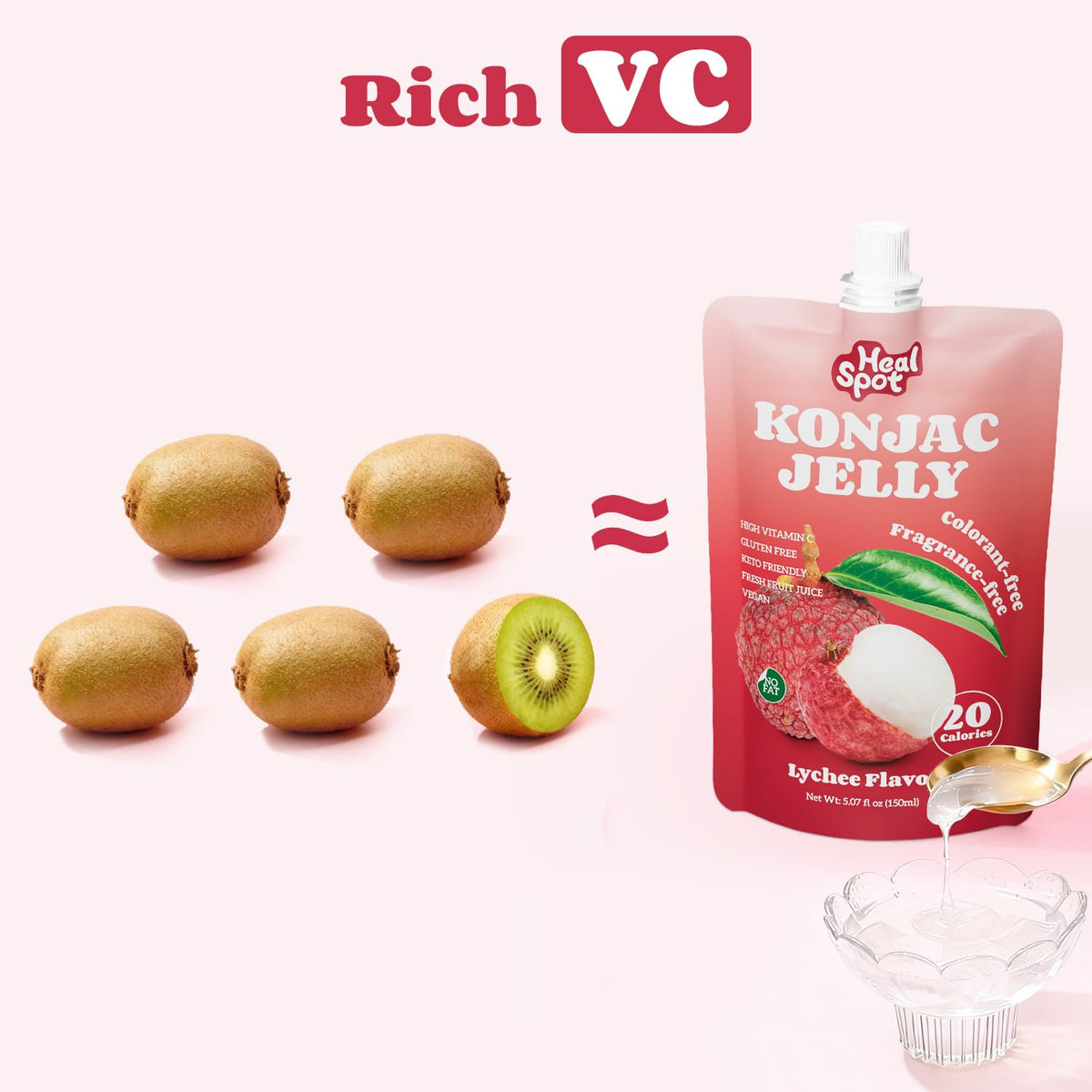 Healspot Lychee Real Fruit Juice Snacks – Konjac Jelly with Collagen Peptides & Vitamin C (10 Pouches) | Gluten Free, Keto
