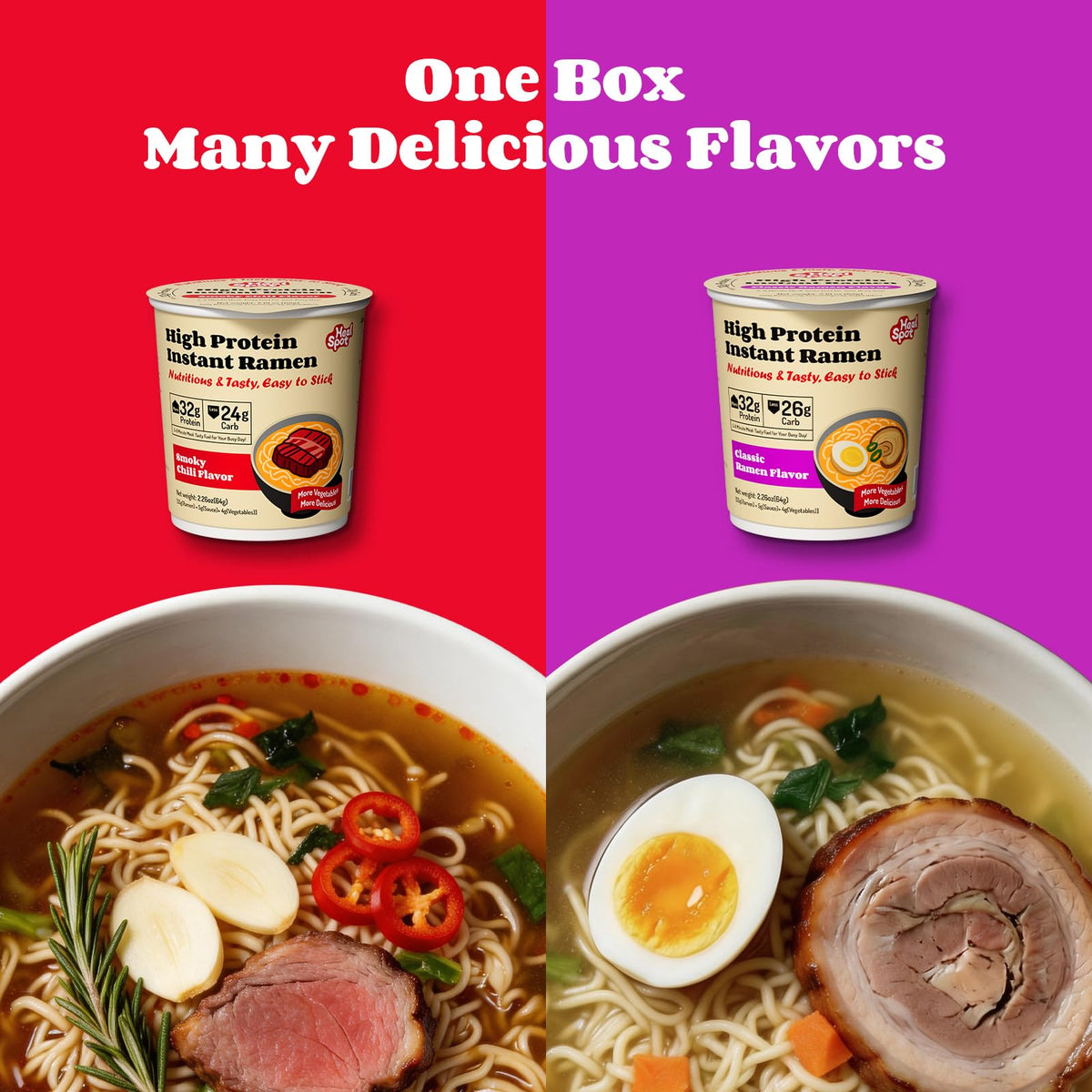 HealSpot High Protein Instant Ramen Variety Pack (6 Cups) – 32g Plant-Based Protein, Non-Fried, Low Carb, Keto & Vegan Friendly