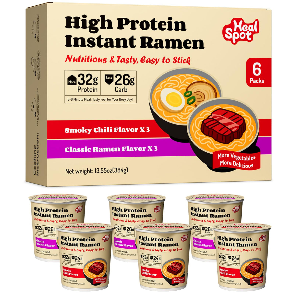 HealSpot High Protein Instant Ramen Variety Pack (6 Cups) – 32g Plant-Based Protein, Non-Fried, Low Carb, Keto & Vegan Friendly