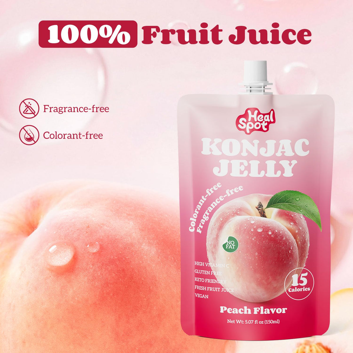 Healspot Real Fruit Juice Konjac Jelly with Collagen Peptides & Vitamin C — Peach Flavor, 10 Pouches, Low Calorie, Gluten Free, Keto Friendly