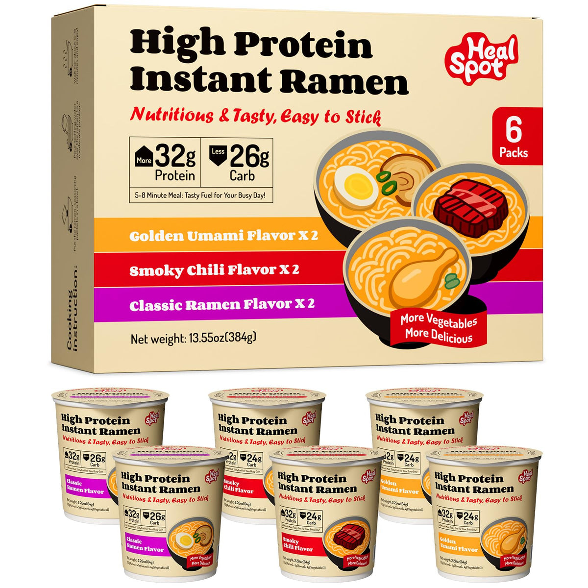 HealSpot High Protein Instant Ramen Variety Pack (6 Cups) – 32g Plant-Based Protein, Non-Fried, Keto & Vegan Friendly (Golden-Chicken, Smoky-Beef, Classic-Pork)
