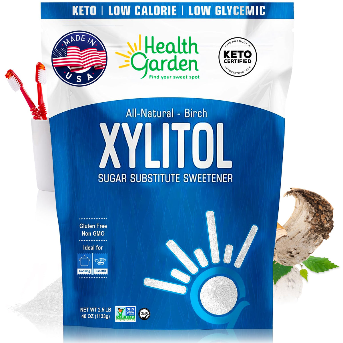 HEALTH GARDEN Birch Xylitol Sweetener – 40 oz, 1:1 Sugar Replacement, Vegan & Non-GMO